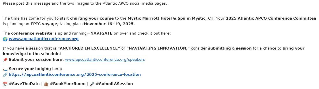 AtlanticChapter's tweet photo. The time has come for you to start charting your course to the Mystic Marriott Hotel &amp; Spa in Mystic, CT! Your 2025 Atlantic APCO Conference Committee is planning an EPIC voyage, taking place November 16–19, 2025. https://t.co/BwDnllJABs