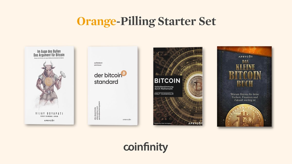 Wir verlosen wieder ein Orange-Pilling Starter Set! 📙

Geballtes Bitcoin-Wissen zum Lesen und/oder Verschenken! ⚡️

🐂 Im Auge des Bullen
🟠 Der Bitcoin Standard
🧮 Bitcoin: Selbstbestimmung durch Mathematik
👶🏼 Das kleine Bitcoin Buch

Liken, teilen und folgen um mitzumachen! 🧡