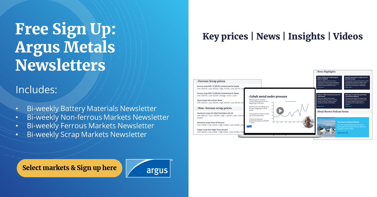 ArgusMedia's tweet image. #Argus #Fertilizer Focus Magazine: okt.to/DRxJH9 

Key prices, news, insights &amp;amp; videos on #BatteryMaterials, #NonFerrous, #Ferrous and #Scrap Markets. Select your #metals of interest and sign up today to keep track of changing market dynamics and trends.