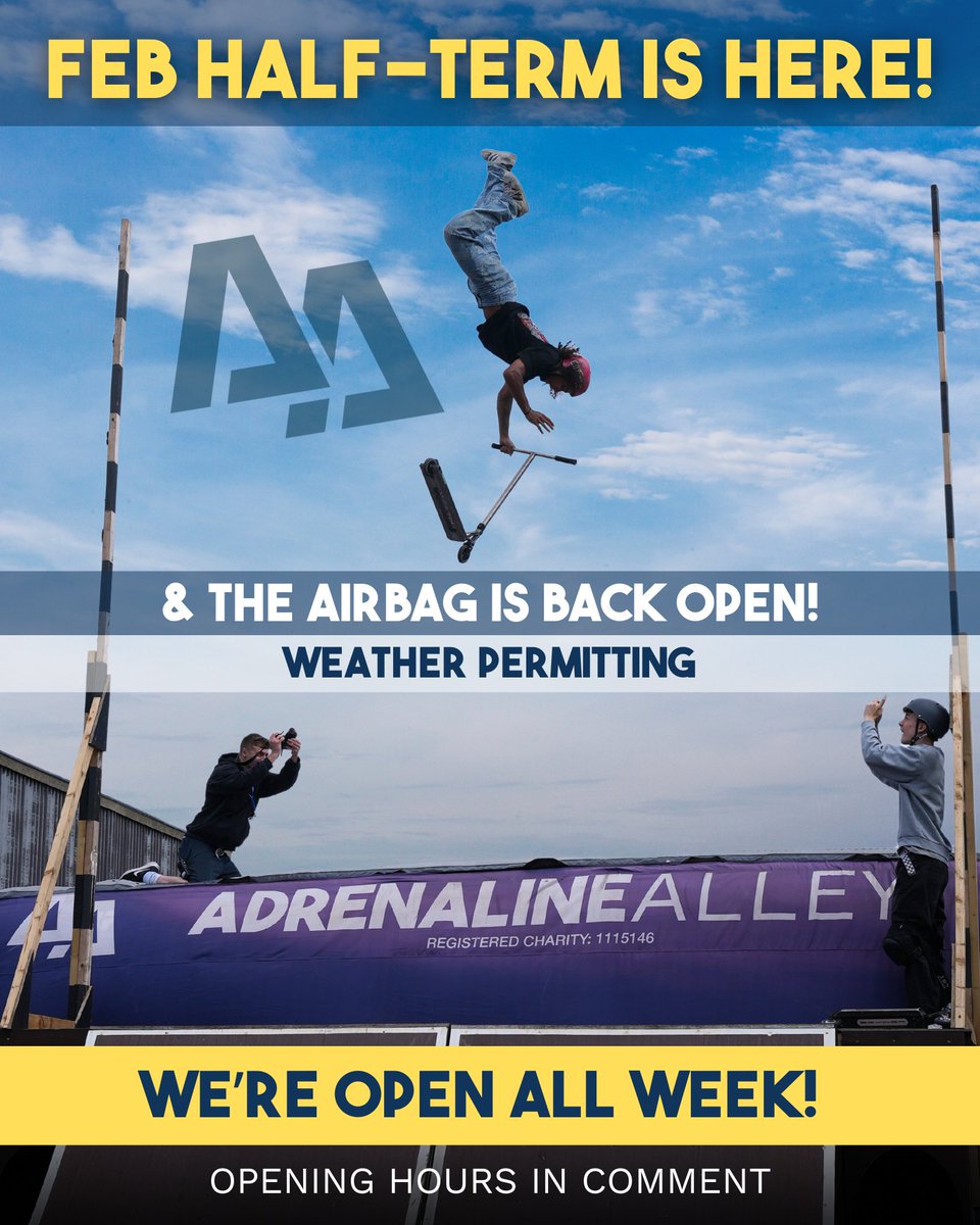 FEBRUARY HALF-TERM IS HERE‼️Make sure to check out our opening hours below ⬇️

Tues 18th - 12-9PM
Wed 19th - 12-9PM
Thu 20th - 12-9PM
Fri 21st - 12-9PM
Sat 22nd - 12-9PM
Sun 23rd - 12-9PM

Book your session here!🤩
adrenalinealley.co.uk/dates-session/

#skatepark #corby #adrenalinealley