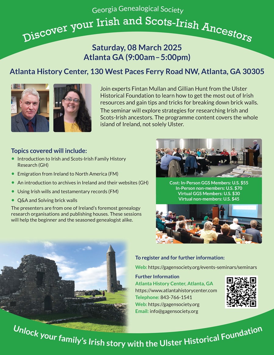 We are excited to be speaking in #Atlanta, #Georgia for the first time in over 20 years! We will be <a href="/ATLHistCenter/">Atlanta History Center</a> with <a href="/GaGenSociety/">Ga Gen Society</a> on 8 March for a #IrishGenealogy seminar!

Visit: gagensociety.org/events-seminar… for more information and to book your place

#2025IrishGenealogyTourUSA