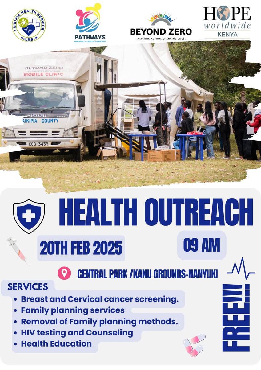 📢 FREE HEALTH OUTREACH! 📢
Join us on 20th February 2025 from 9 AM at Central Park / Kanu Grounds - Nanyuki for a #Health Outreach where we shall have #FREE health services:
Don't miss out!
 #HealthcareForAll #CommunityHealth #FreeMedicalCamp #PHC
