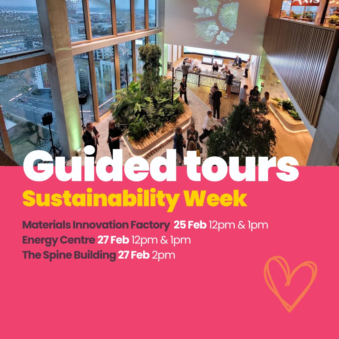 🚶‍♂️🔬 Join our exclusive guided tours during Sustainability Week! Limited spots, book now!
📍 Materials Innovation Factory (Feb 25, 12pm &amp; 1pm)
📍 Energy Centre (Feb 27, 12pm)
📍 Spine Building (Feb 27, 2pm)
🔗 Book now eventbrite.com/o/university-o…