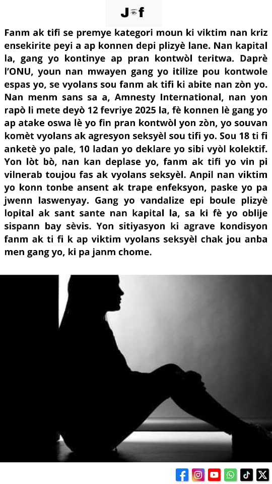 CleneseCesar's tweet photo. Fanm ak ti fi se premye kategori moun ki viktim ensekirite a. https://t.co/jPooKi0Ebw