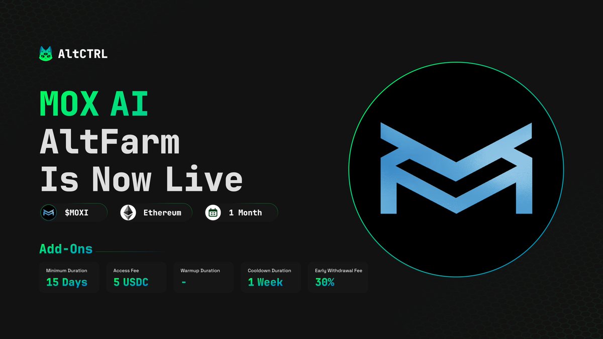 The <a href="/M0X_AI/">M0XAI_WORLD</a> AltFarm is now live! 🎉

🔒 $MOXI
💰 $MOXI
📆 1 Month
✅ Active

Stake and earn $MOXI below 👇

app.altctrl.com/tokens/mox-ai/…