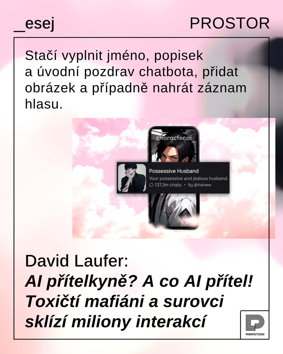 revueProstor's tweet photo. Ponoř se s David Laufer do dramatického světa AI vztahů; jeho longread tě zavede do hlubin internetových milostných (zá)pletek. 💘
https://t.co/d5WRqzhaFV https://t.co/L8nI3Gmd3u