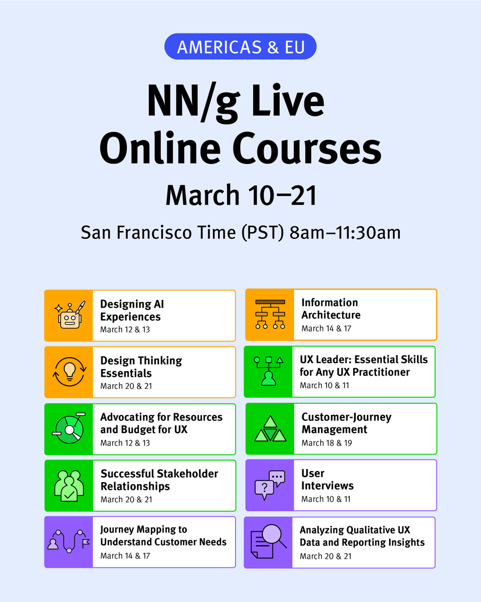 NNgroup's tweet photo. Sharpen your UX skills this March! 📚 Join NN/g’s Live Online UX Courses from March 10–21, led by experts covering AI, visual design, stakeholder management & more. Plus, check out our new courses! 🚀 Explore the lineup & register: https://t.co/7Qnq1fvonb #UXTraining #NNGUX https://t.co/b3ldhiqsMz