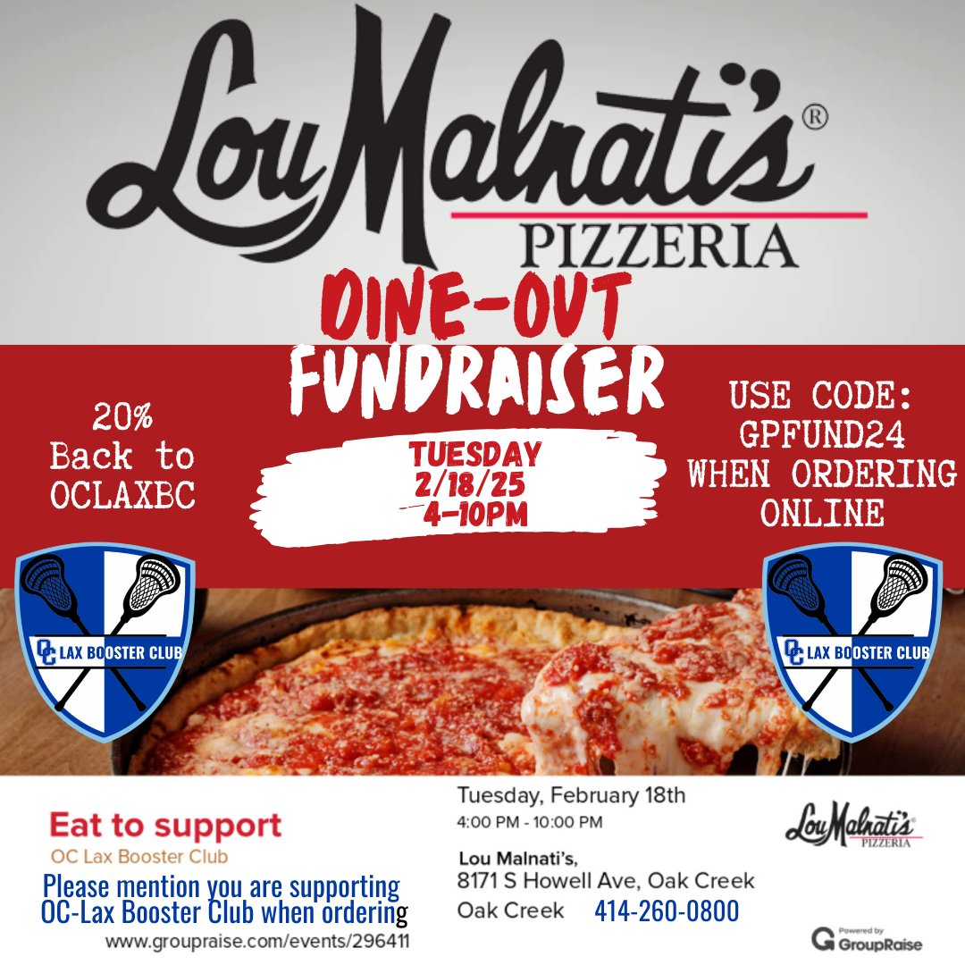 oclaxbc's tweet photo. Get your pizza on tonight from 4p-10p at the Oak Creek @LouMalnatis . Show/mention this flyer when ordering or use code: GPFUND24 when ordering online: https://t.co/aSLkN2XdZZ
20% of sales go back to the @oclaxbc . Thank you for your continued support of OCHS  Lacrosse #GoKnights https://t.co/PLtH9WtXl2