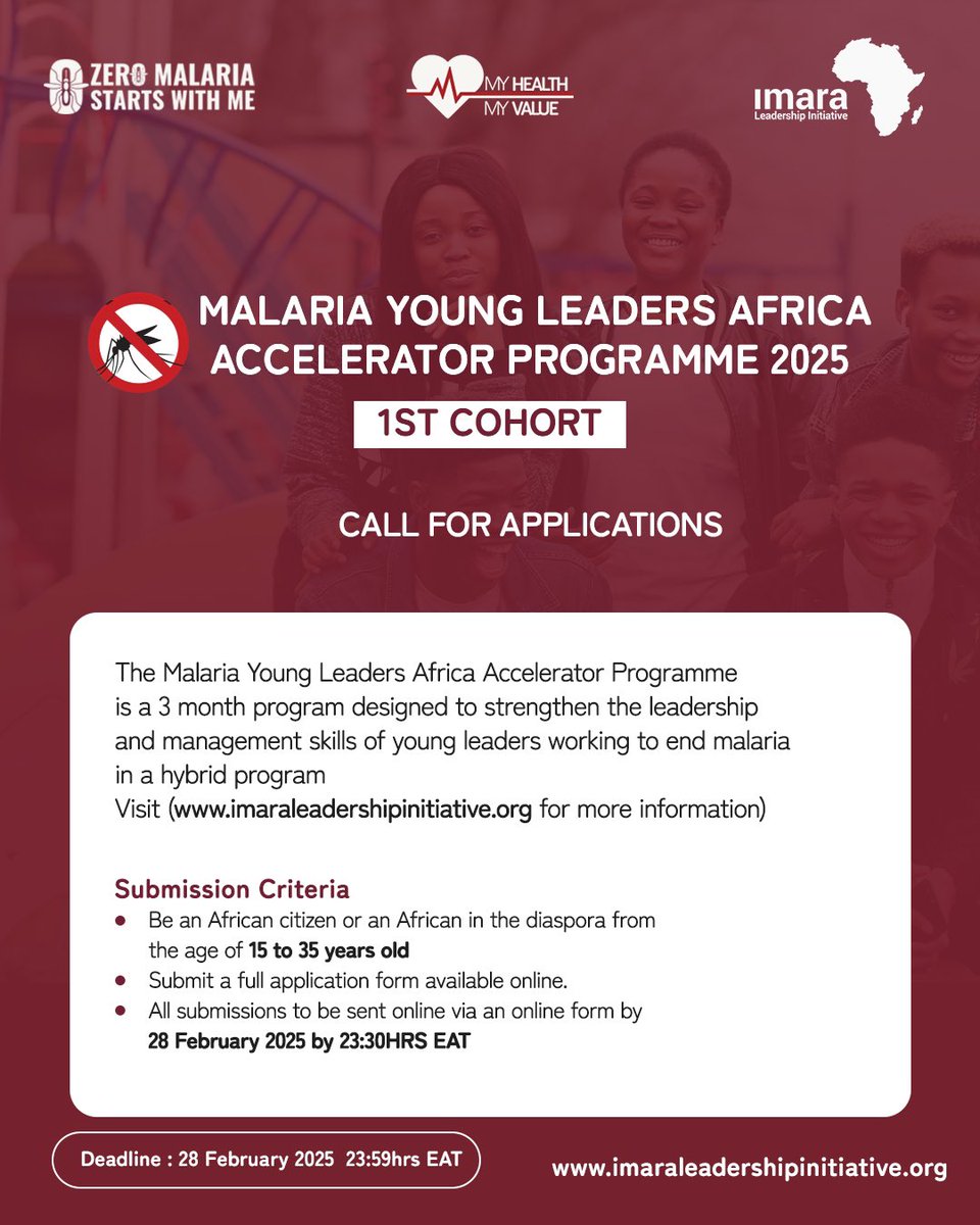 MESA - the malaria knowledge hub (@mesamalaria) on Twitter photo 📢 Call for applications: Malaria Young Leaders Africa Accelerator Programme with <a href="/ImaraLeadership/">Imara Leadership Initiative</a>
📅Deadline: 28th February
Find out more ➡️ow.ly/CKvR50UYs1x 📢 Call for applications: Malaria Young Leaders Africa Accelerator Programme with <a href="/ImaraLeadership/">Imara Leadership Initiative</a>
📅Deadline: 28th February
Find out more ➡️ow.ly/CKvR50UYs1x