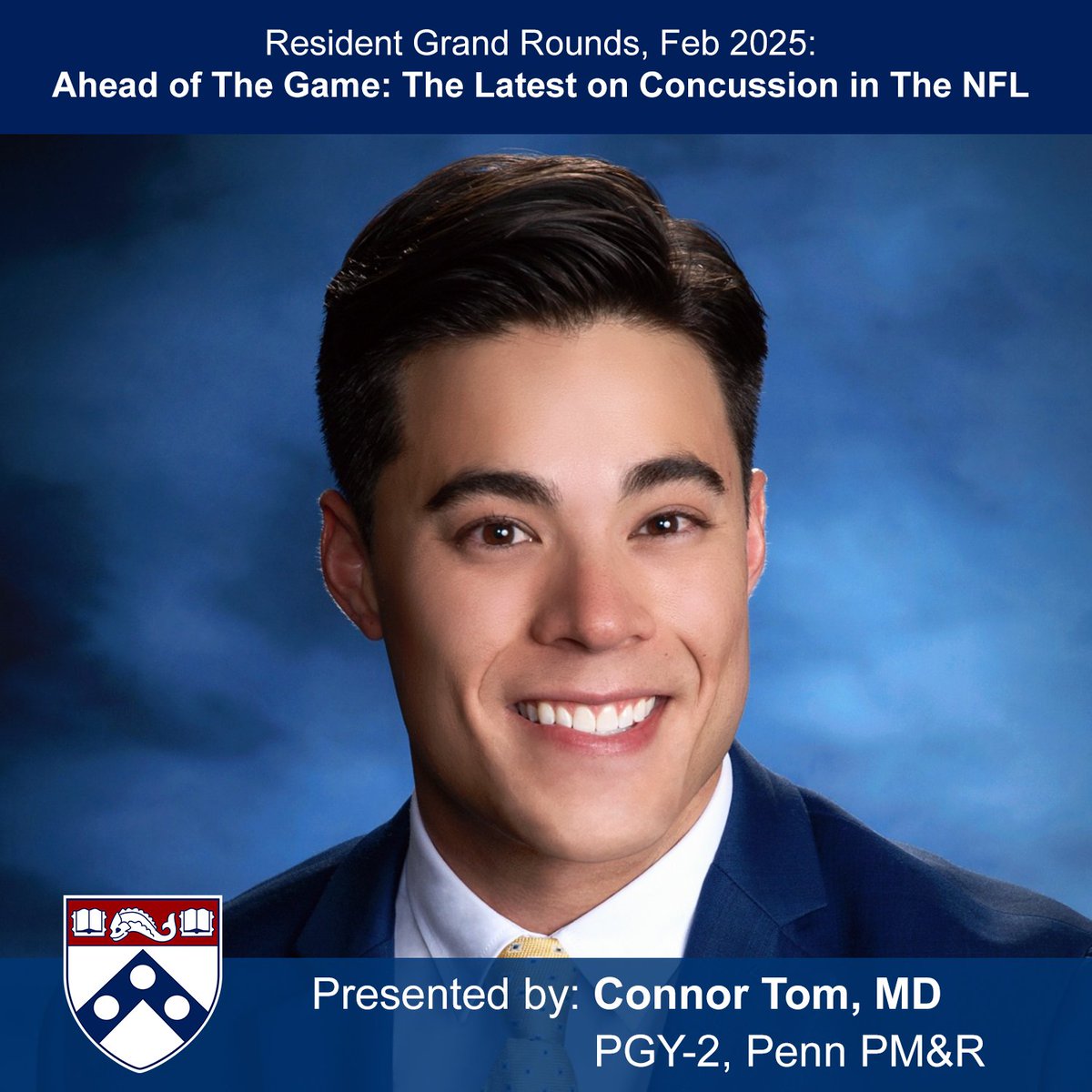 Resident grand rounds this month will be presented by Dr. Connor Tom on the topic of "Ahead of The Game: The Latest on Concussion in The NFL"