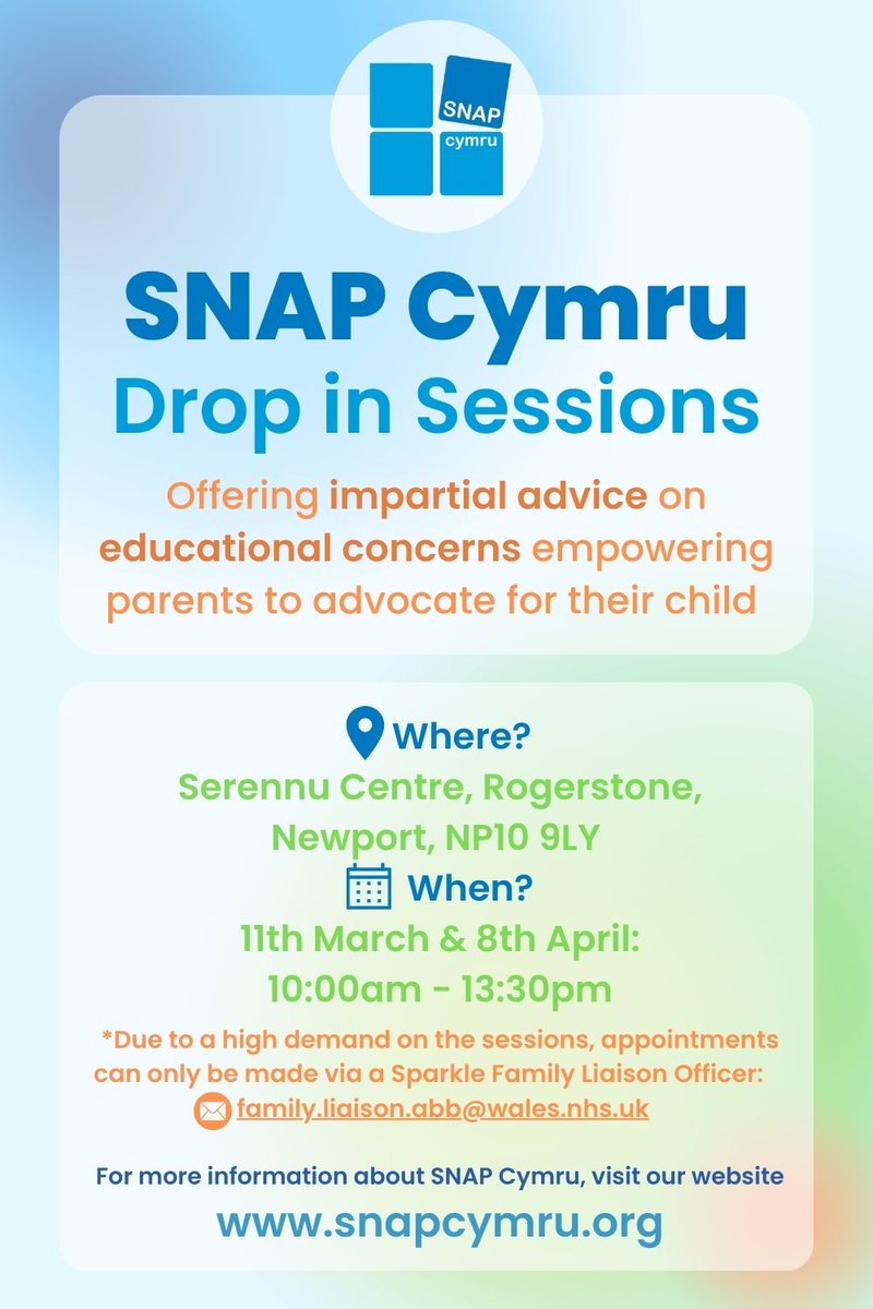 SNAPcymru's tweet photo. 📢TOMORROW
📍Serennu Children's Centre, NP10 9LY
📆 8th April
🕐10am-13:30pm
📲Book via a Sparkle Family Liaison Officer: https://t.co/yKRrtpp3jG.abb@wales.nhs.uk https://t.co/ea3VUxZ6He