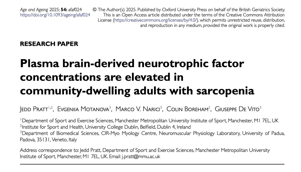 Jedd Pratt (@jedd_pratt) on Twitter photo New in <a href="/Age_and_Ageing/">Age_and_Ageing</a>
🧠Brain-derived neurotrophic factor concentrations ~50% higher in people with sarcopenia vs healthy controls 💪
More data supporting the relevance of circulating markers of neural plasticity to skeletal muscle health
doi.org/10.1093/ageing… New in <a href="/Age_and_Ageing/">Age_and_Ageing</a>
🧠Brain-derived neurotrophic factor concentrations ~50% higher in people with sarcopenia vs healthy controls 💪
More data supporting the relevance of circulating markers of neural plasticity to skeletal muscle health
doi.org/10.1093/ageing…