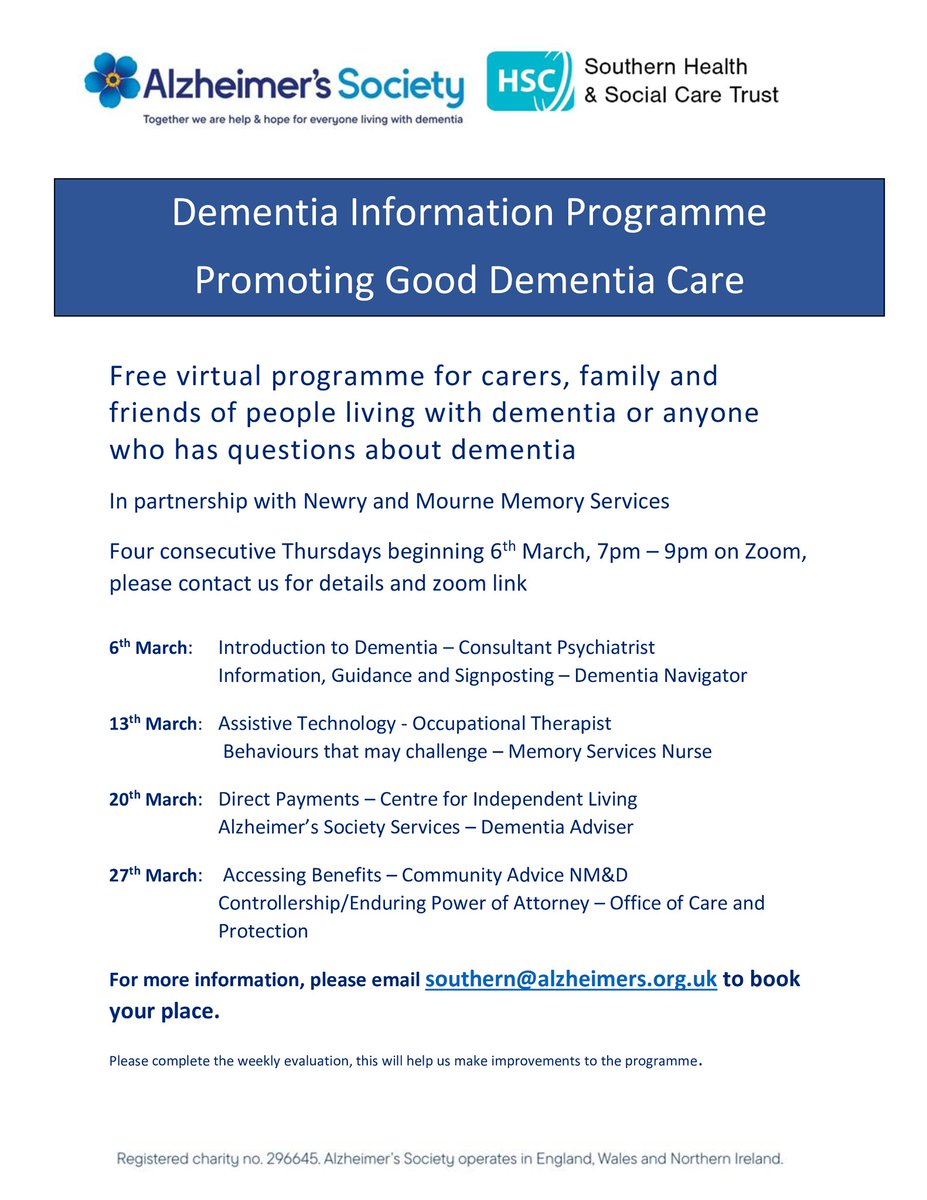 Adrian Friel (@adrian_friel02) on Twitter photo We <a href="/AlzSocNI/">Alzheimer’s Society Northern Ireland</a> are launching another free dementia information programme in the <a href="/SouthernHSCT/">Southern Trust</a> area to enrol please contact southern@alzheimers.org.uk We <a href="/AlzSocNI/">Alzheimer’s Society Northern Ireland</a> are launching another free dementia information programme in the <a href="/SouthernHSCT/">Southern Trust</a> area to enrol please contact southern@alzheimers.org.uk