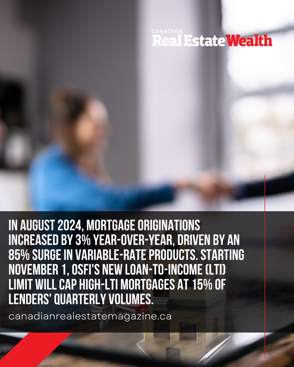 August 2024 saw a 3% year-over-year increase in mortgage originations, fueled by an 85% surge in variable-rate products. Continue reading at: canadianrealestatemagazine.ca