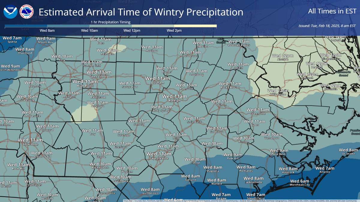 NWSRaleigh's tweet image. ⁉️ We&apos;ve had a few questions about the arrival time of wintry precipitation for Wednesday. See graphic below for updated arrival times.

🕑 Expect wintry precipitation to start by early afternoon in most locations or as early as 8am closer to the SC border. #NCwx