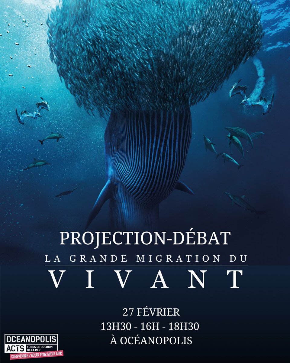 « La grande Migration du Vivant » d' Alexis Rosenfeld, à Océanopolis le 𝗷𝗲𝘂𝗱𝗶 𝟮𝟳 𝗳𝗲́𝘃𝗿𝗶𝗲𝗿 👇
1️⃣&amp; 2️⃣: Deux séances à 13h30 et 16h incluses dans votre billet d'entrée à #Océanopolis 
3️⃣ : Une #projection-débat à 18h30, proposée par Océanopolis Acts,