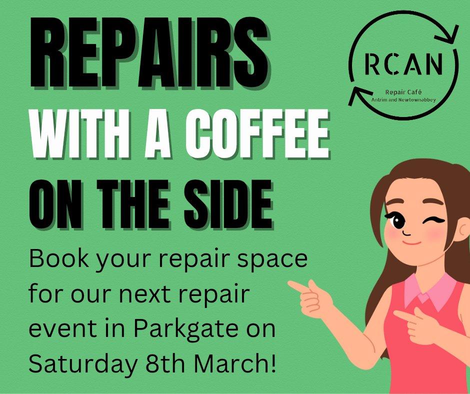 Bookings are OPEN for our next repair event. 😁😁😁

Get your broken items fixed while enjoying a cuppa ☕, a bun 🧁 &amp; a chat😊!

Book your repair slot here: ti.to/repair-cafe-an… 

📅 Saturday, 8th March 2025
🕰️ 10am to 1pm
📍 First Donegore Presbyterian Church, Parkgate