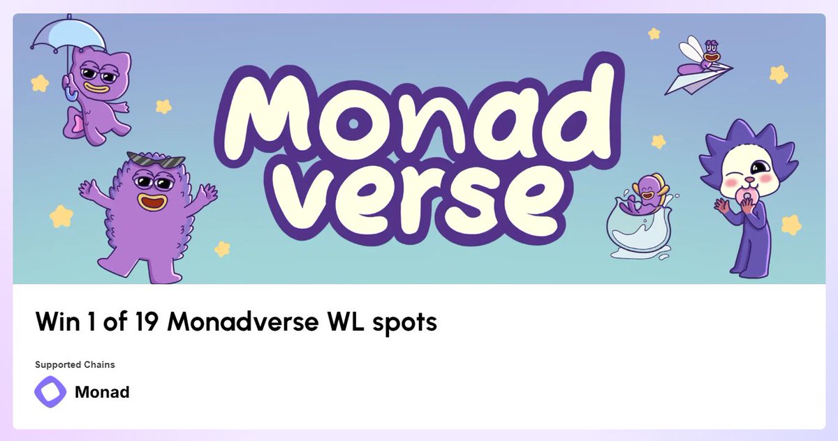 ลุ้น Monadverse (<a href="/monadverse/">Monadverse ⨀</a>) WL spot จำนวน 19 รางวัล จาก <a href="/JumperExchange/">Jumper</a>
 
Monadverse เป็นหนึ่งใน Monad community-driven NFT ตัวท็อป สร้างขึ้นจากตัวละคร Monanimals

เงื่อนไขการได้สิทธิ์ร่วมลุ้น
✅ มี Jumper JLP Level 5+ ขึ้นไป
✅ Join Monadverse: discord.gg/N8XExZYAUj

📌