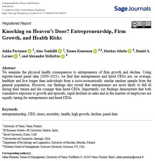 ETPjournal's tweet image. Entrepreneurship can be a path to success—but also to serious health risks.
New research finds that while entrepreneurs live longer on average, they also face higher illness risks & premature death compared to hired CEOs. Growth AND decline take a toll.
doi.org/10.1177/104225…