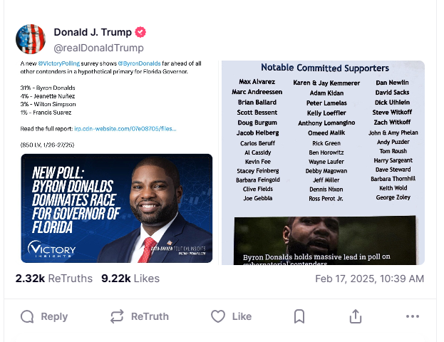 .<a href="/ByronDonalds/">Byron Donalds</a> will make a great Governor of Florida! truthsocial.com/@realDonaldTru…