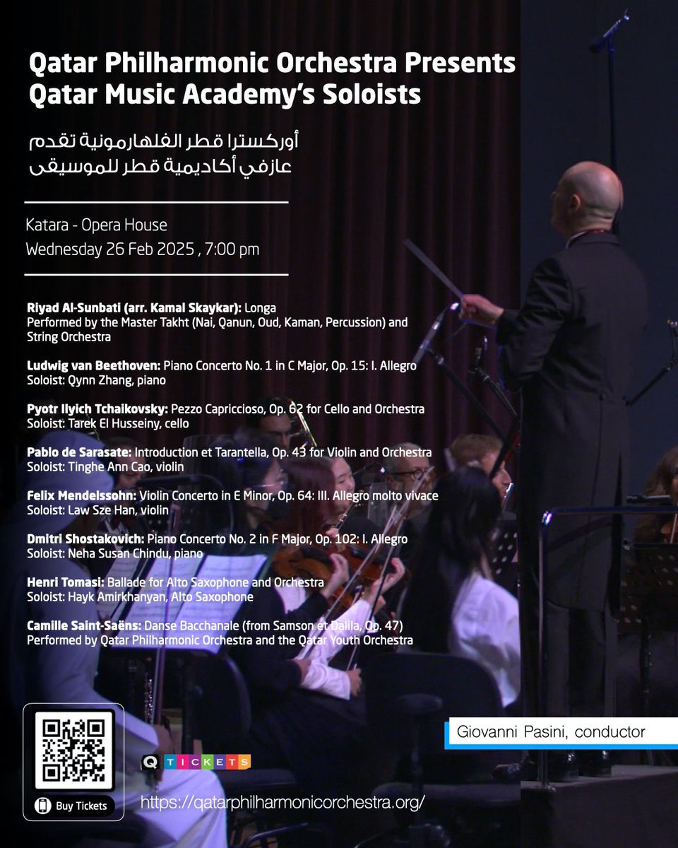 The Qatar Philharmonic Orchestra (QPO) proudly presents the annual community concert in collaboration with the Qatar Music Academy (QMA), celebrating Qatar’s emerging classical talents. Under the baton of QPO’s esteemed Giovanni Pasini.