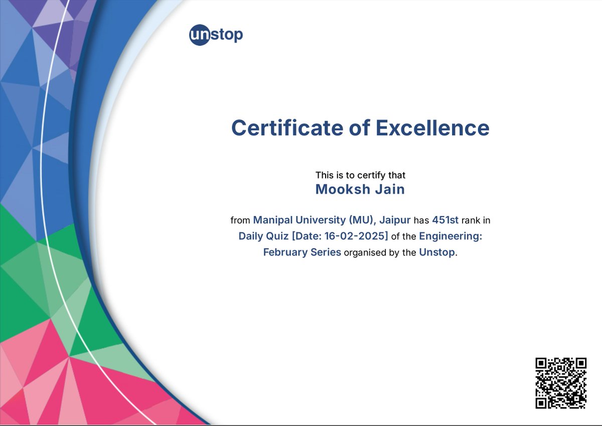 Maverickbitcode's tweet image. 🎉 Excited to share that I achieved the 451st rank in the Daily Quiz on 16-02-2025, organized by Unstop, as part of the Engineering: February Series! 🏆 Keep up the great work!