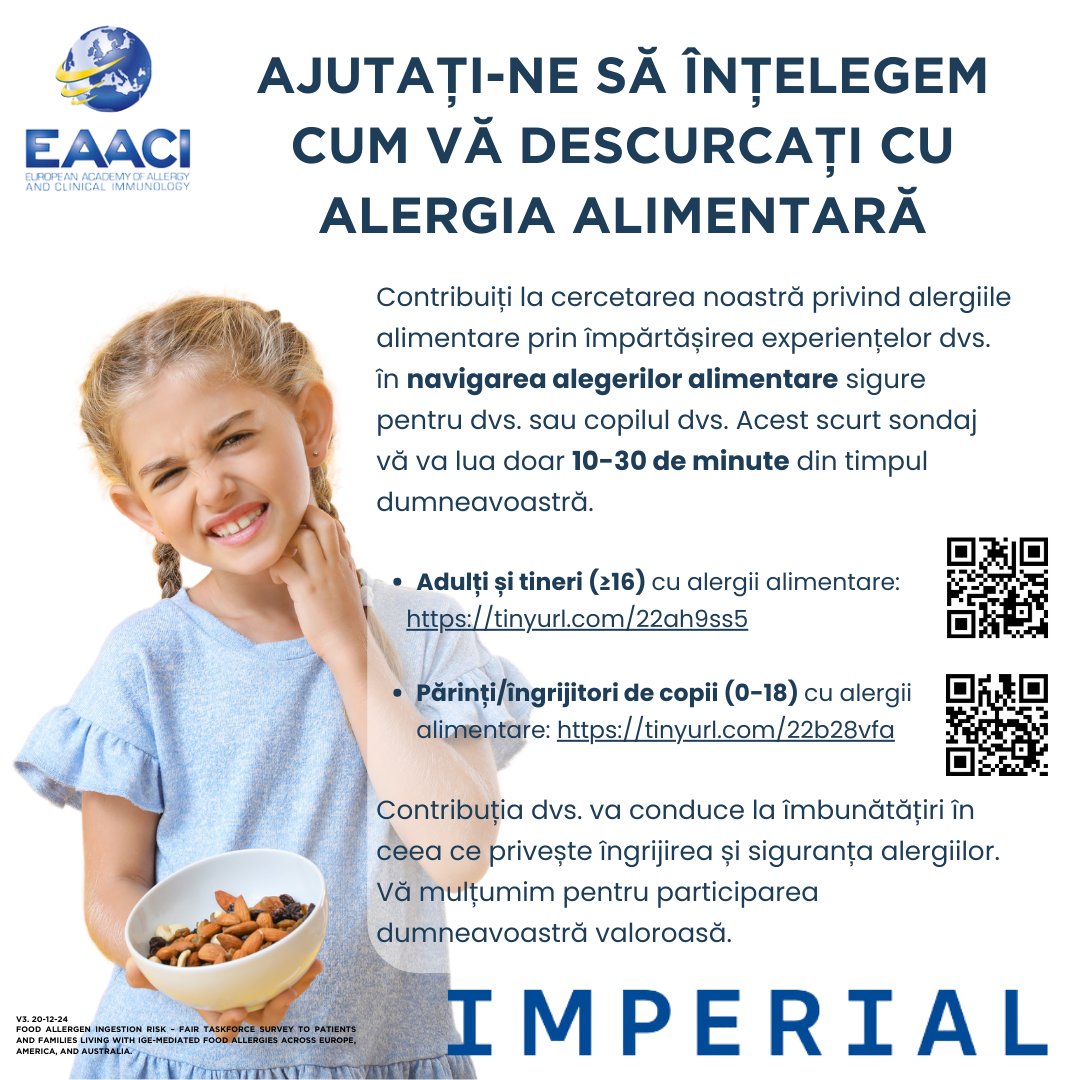 📢Tu/copilul tău are #FoodAllergy? Completați acest sondaj realizat de <a href="/EAACI_HQ/">EAACI</a> cu privire la experiența dvs. în încercarea de a face alegeri alimentare sigure! 

👩‍🍳 ≥16 cu alergie alimentară- tinyurl.com/22ah9ss5 
👨‍👧 Părinți de copii (0-18) - tinyurl.com/22b28vfa