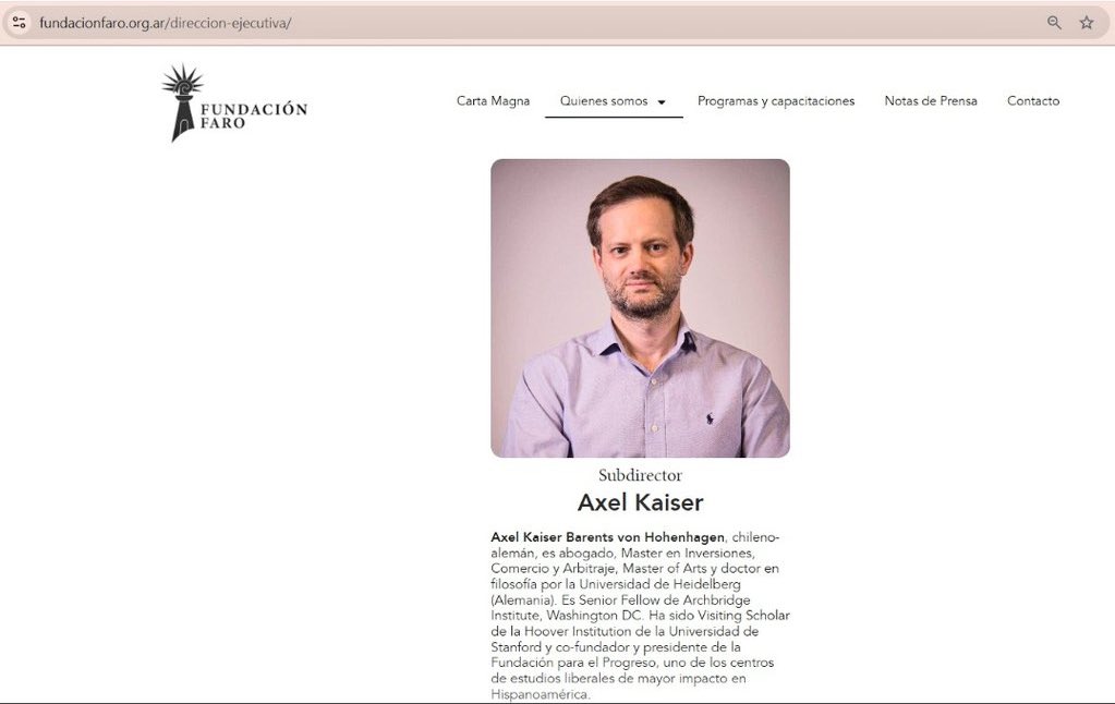 Denuncian en Argentina a la fundación Faro como receptora de fondos de la estafa de Criptomonedas.

Chile, vean quién es el subdirector, Axel Kaiser, hermano del diputado Johannes Kaiser. ¿Entienden porque defienden a Milei?
