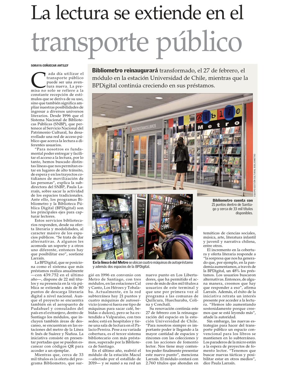 patrimonio_cl's tweet photo. 📚 Más de 50 mil títulos gratuitos ofrecen, en conjunto, la Biblioteca Pública Digital y Bibliometro, que el 27 de febrero reinaugurará su espacio en la estación Universidad de Chile 🚇. Así entregamos más y mejores oportunidades de lectura a la gente. 🤗 https://t.co/Z0ix30KJ5U
