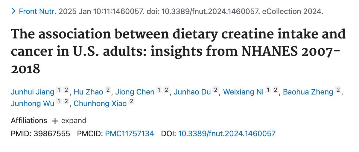 PratikxPatel's tweet photo. Higher dietary creatine intake is linked with decreased cancer risk

Each standard deviation increase in creatine intake is linked to 
~8% decrease in cancer risk in overweight individuals
~7% decrease in cancer risk in men
~5% decrease in overall risk

Dietary creatine is ONLY found in animal foods/meat

Eating more meat can decrease your risk for cancer
