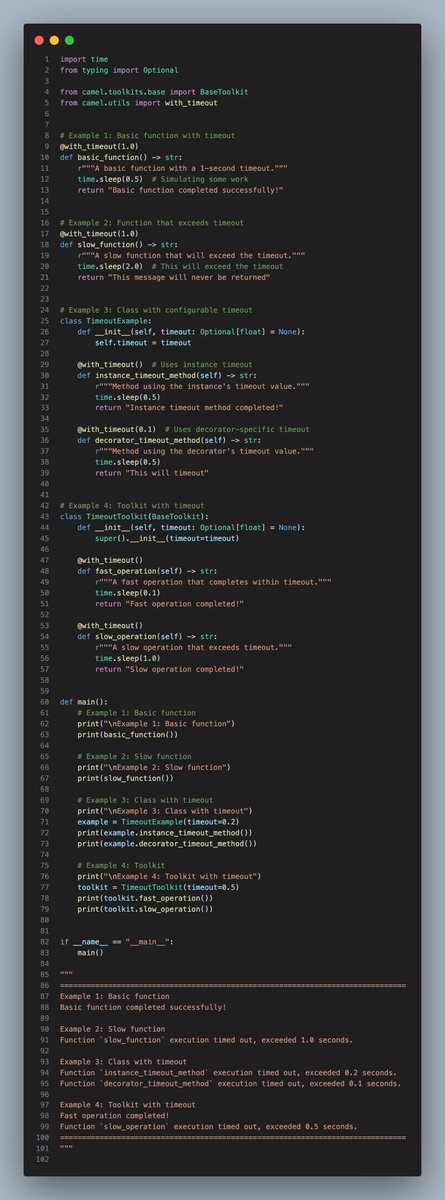 Introducing Smart Timeout Management in CAMEL-AI! ⚡️
We’re excited to announce our latest feature: the with_timeout decorator for intelligent timeout handling in AI agent operations!

🔍 Key Highlights:
• Flexible timeout configuration at both class &amp; function levels
• Seamless