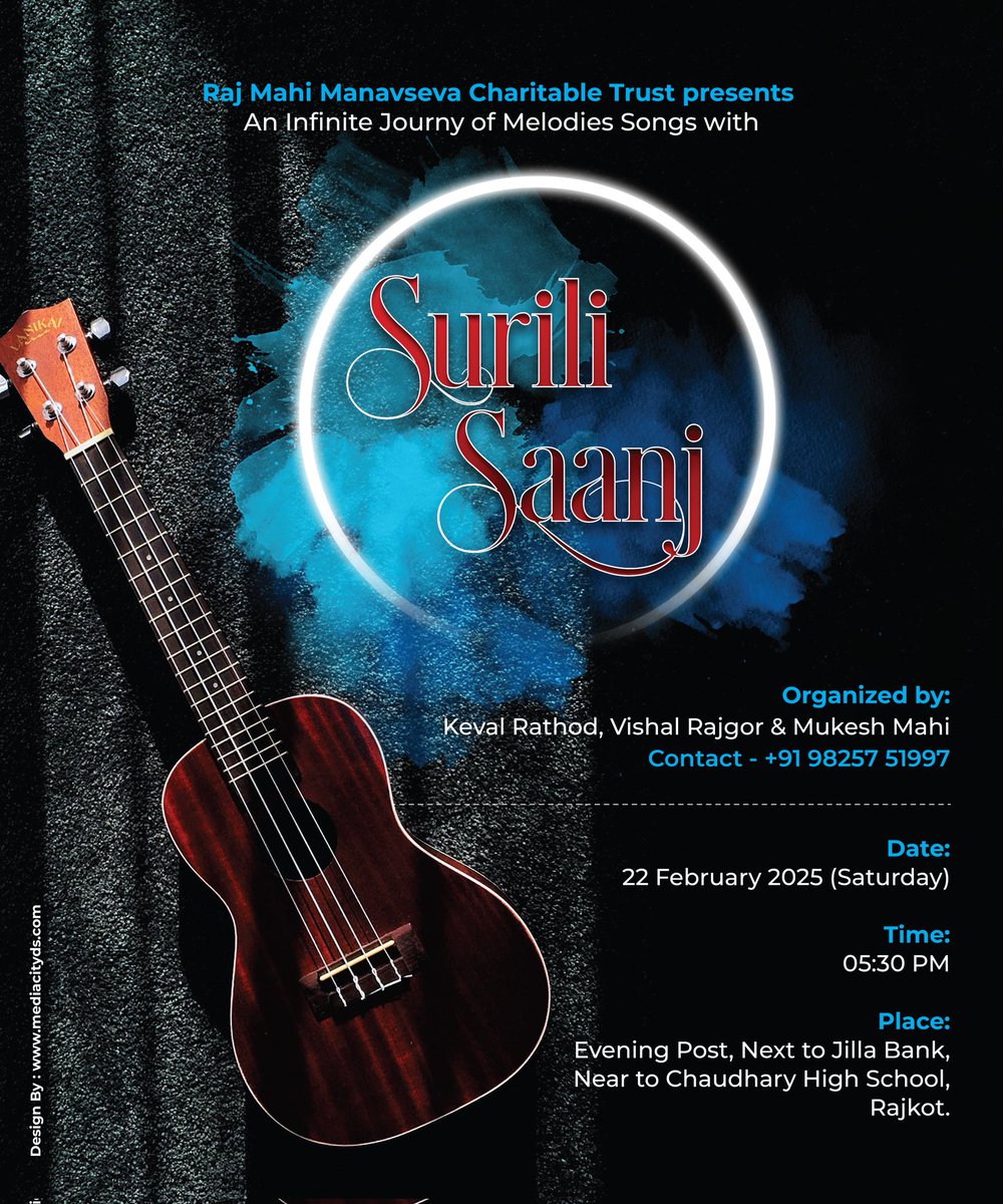 KevalRRathod1's tweet photo. 🎤✨ An unforgettable night of music awaits! Join us for Surili Saanj on 22nd Feb in Rajkot &amp; experience the magic of Hindi melodies! 🎶❤️ Free Entry! See you there! 🎵

#Surilisaanj #Livemusic2025 #rajkotevents #hindisongslive #musicalnight #MusicLovers #melodiousevening https://t.co/0rSexJjvxG