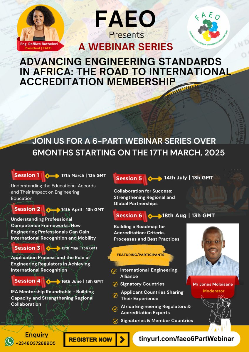 The Federation of African Engineering Organisations is pleased to bring to you the 6-part webinar series starting from 17th March, 2024...Stay Tuned.