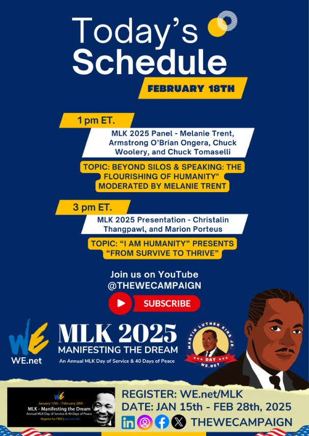 Today's Live Event:
MLK 2025: Manifesting The Dream with We, The World!
Watch Live: lnkd.in/dSEjxCeR

Event 2: at 3:00 PM ET, 
“I am Humanity” presents “From Survive to Thrive” with Chin Humanitarian Aid International (CHAI)
Watch Live on YouTube: lnkd.in/daa4zGfB