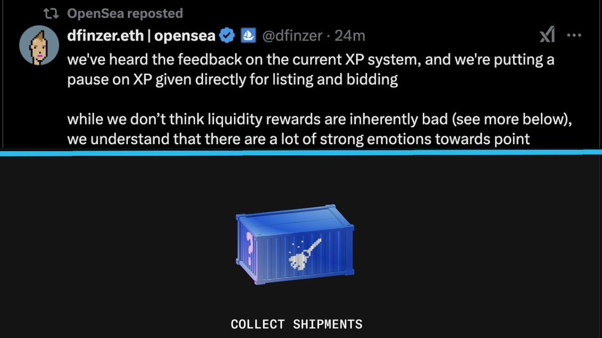 OpenSea tạm dừng sự kiện farm XP

Do gặp phải nhiều ý kiến tiêu cực tranh cãi liệu Opensea có đang giết chết thị trường NFT. Nên OpenSea đã tạm dừng việc thưởng XP khi list &amp; bid NFT. 

XP của Shipments vẫn được diễn ra bình thường. Đã phân phối 2 đợt.