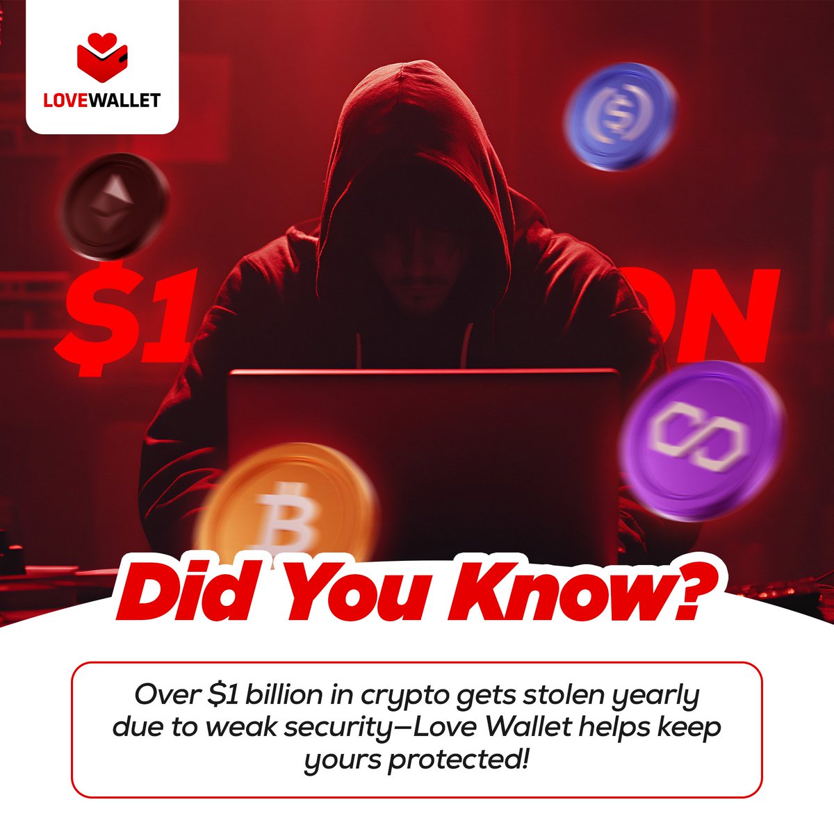 ItsLoveWallet's tweet photo. 🔐 #Didyouknow? 
Over $1 billion in #crypto vanishes yearly due to weak security! 
😱But not on our watch!
💖#LoveWallet keeps your assets safe, secure, and always in your control. 
With top-tier encryption and seamless access, your crypto is where it belongs—with you. https://t.co/ucEXOVDDw1