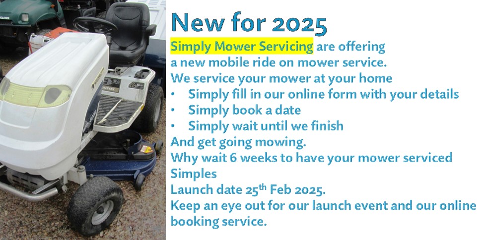 <a href="/julesserkin/">jules serkin</a> <a href="/vanillaweb/">Paul Andrews</a> Hi guys,
We are starting a new business in Kent offering mobile ride on mower servicing
We are Simply Mower Servicing
Launch date is 25th Feb (Next Tue)
We service your mower at your home
Simples
Why wait 6 weeks to have your mower serviced when we can do it in a morning