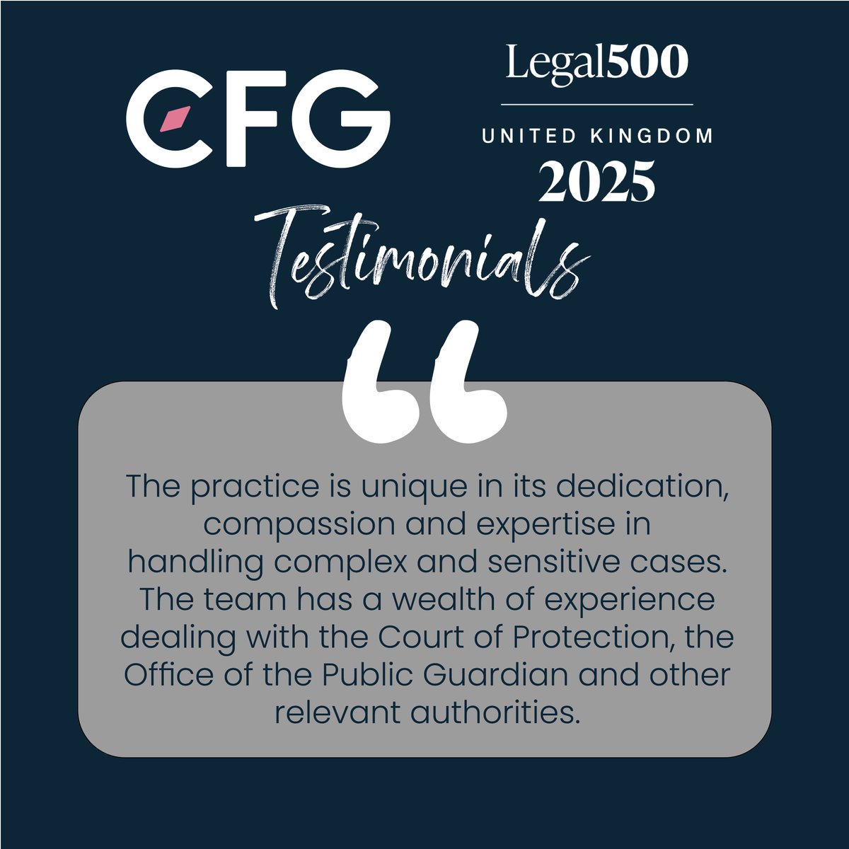 CFG - more than law (@cfgmorethanlaw) on Twitter photo We’re delighted to share this testimonial from <a href="/thelegal500/">The Legal 500</a>. Our team’s deep knowledge and compassionate approach to sensitive areas of law, like the Court of Protection, is what sets us apart. We are committed to guiding our clients with care and expertise every step of the way. We’re delighted to share this testimonial from <a href="/thelegal500/">The Legal 500</a>. Our team’s deep knowledge and compassionate approach to sensitive areas of law, like the Court of Protection, is what sets us apart. We are committed to guiding our clients with care and expertise every step of the way.