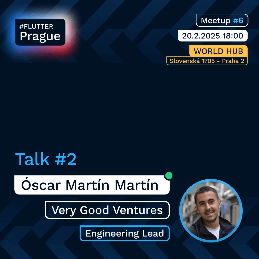 FlutterPrague's tweet image. The upcoming #FlutterPrague Meetup is all about testing. 🧪 Rounding out our fantastic duo of speakers is Óscar Martín Martín from Very Good Ventures – a veteran dev introducing the audience to Unit and Widget testing. 📱 And we can&apos;t wait to be seated. 💺 Sign up in replies👇