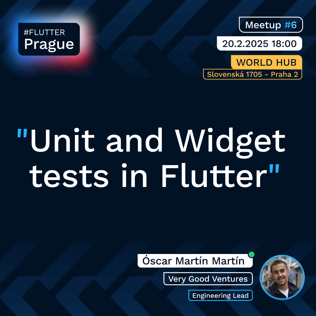 FlutterPrague's tweet image. The upcoming #FlutterPrague Meetup is all about testing. 🧪 Rounding out our fantastic duo of speakers is Óscar Martín Martín from Very Good Ventures – a veteran dev introducing the audience to Unit and Widget testing. 📱 And we can&apos;t wait to be seated. 💺 Sign up in replies👇