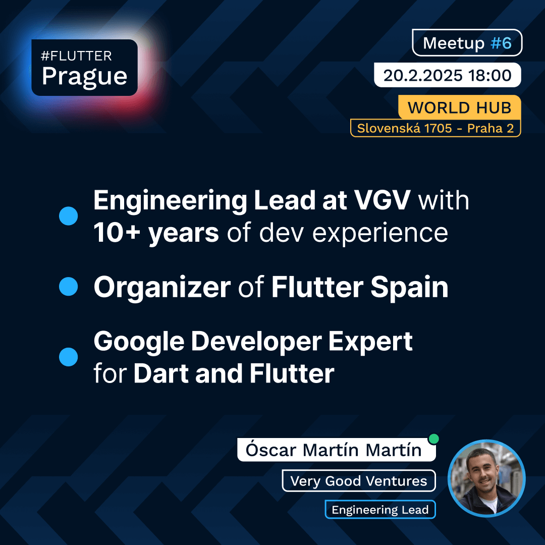 FlutterPrague's tweet image. The upcoming #FlutterPrague Meetup is all about testing. 🧪 Rounding out our fantastic duo of speakers is Óscar Martín Martín from Very Good Ventures – a veteran dev introducing the audience to Unit and Widget testing. 📱 And we can&apos;t wait to be seated. 💺 Sign up in replies👇