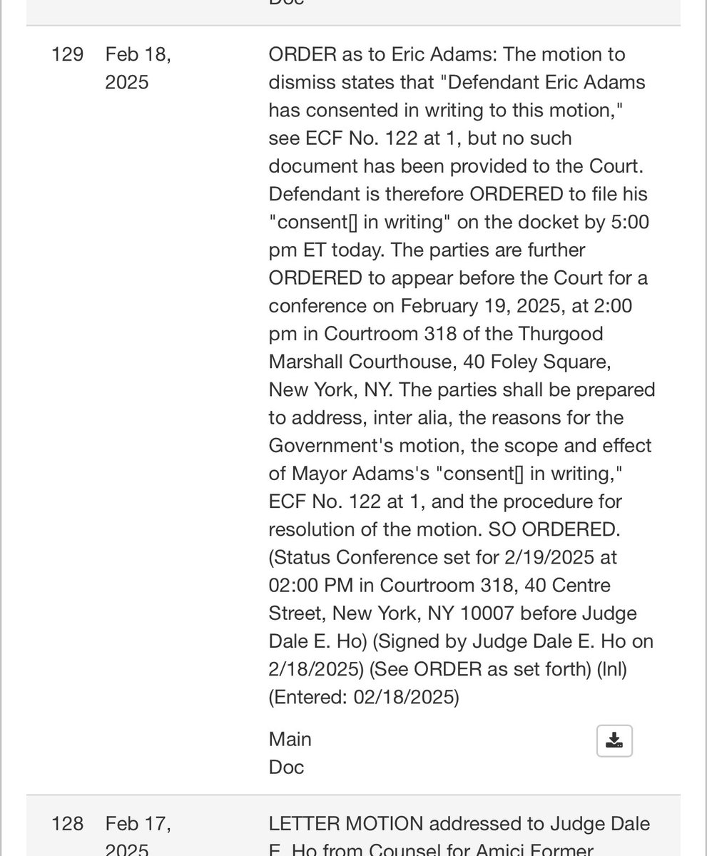 NEW: Judge Dale Ho has ordered a status conference regarding the dismissal of Eric Adams’ criminal charges tomorrow at 2 pm.