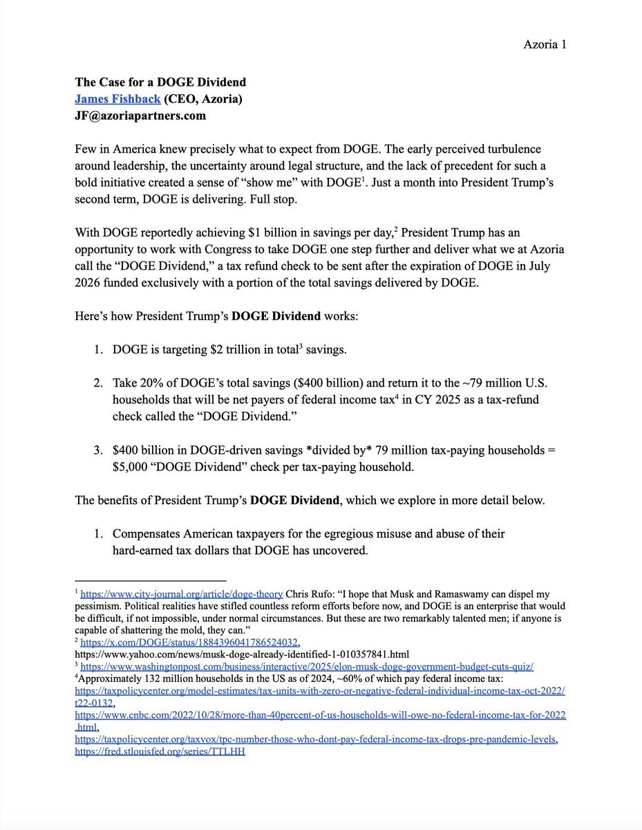 j_fishback's tweet image. President Trump and @ElonMusk should announce a ‘DOGE Dividend’—a tax refund check sent to every taxpayer, funded exclusively with a portion of the total savings delivered by DOGE. 🧵