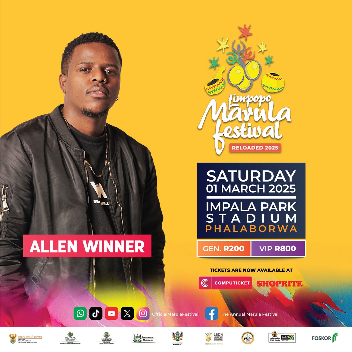 🎤🔥 #MarulaFestivalReloaded2025 just got even BIGGER! Your host? None other than Allen Winner! 🏆🎶 Get ready for an electrifying concert on 1 March, packed with epic performances and nonstop vibes! 🎟️ VIP: R800 | General: R200 – Tag your crew &amp; secure your tickets now! 🍹🔥
