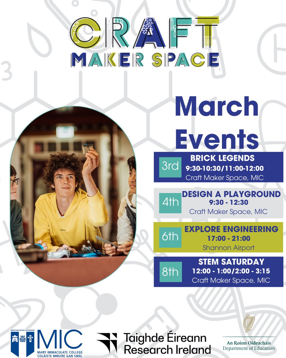 MICSTEMCrAFT's tweet image. Save the Date 📅
There's lots going on in March at the Craft Maker Space and beyond.
For more details, check out our website (in our bio) or email craftmaker@mic.ul.ie.
#stemforkids #limerick #craftmakerspace #whatsonlimerick