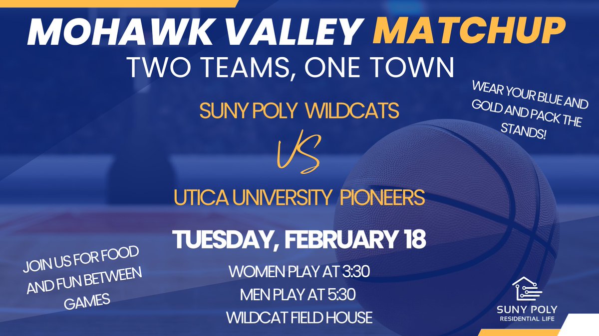 Updated time! The women will now start at 3:30pm and the men start at 5:30pm. There will be snacks sponsored by residence life between the games! Shake off this snow and head to the field house to cheer our athletes on!