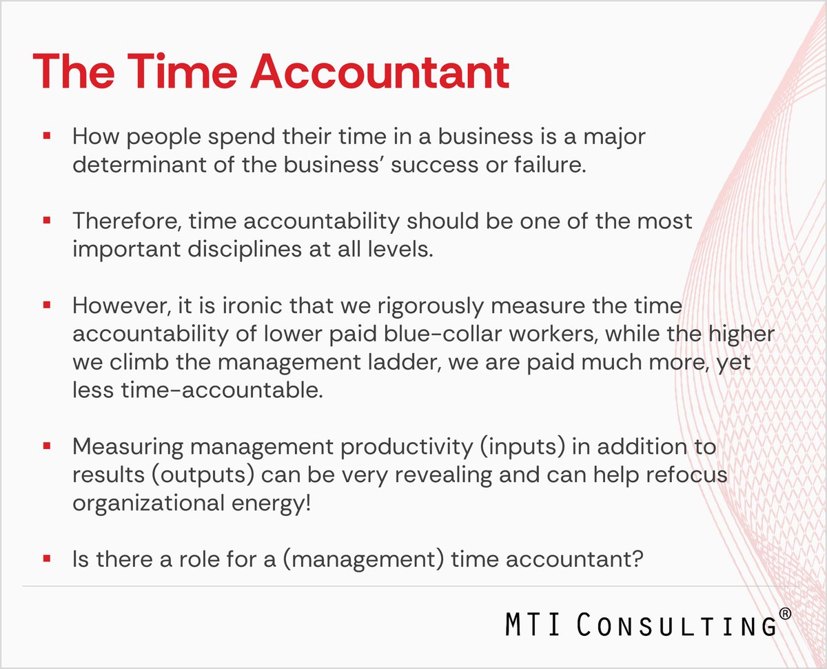 mtiworldwide's tweet image. The Time Accountant

Learn more about MTI’s Thought Leadership:  mtiworldwide.com/media-thought-… 

#MTIConsulting #MTIStrategicReflections #Time #Management #Economy