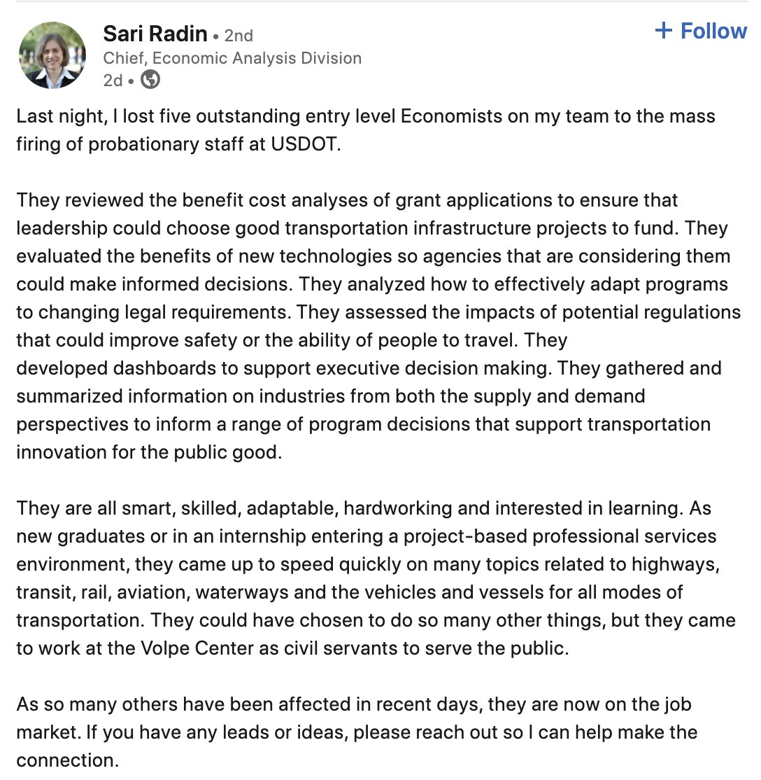 This is how DOGE is making our government *less* efficient. Firing the people who conduct the benefit-cost analysis of transportation grants will cause worse decisions. It's penny wise, pound foolish. Their salaries are tiny compared to what they can do to deliver cost savings.