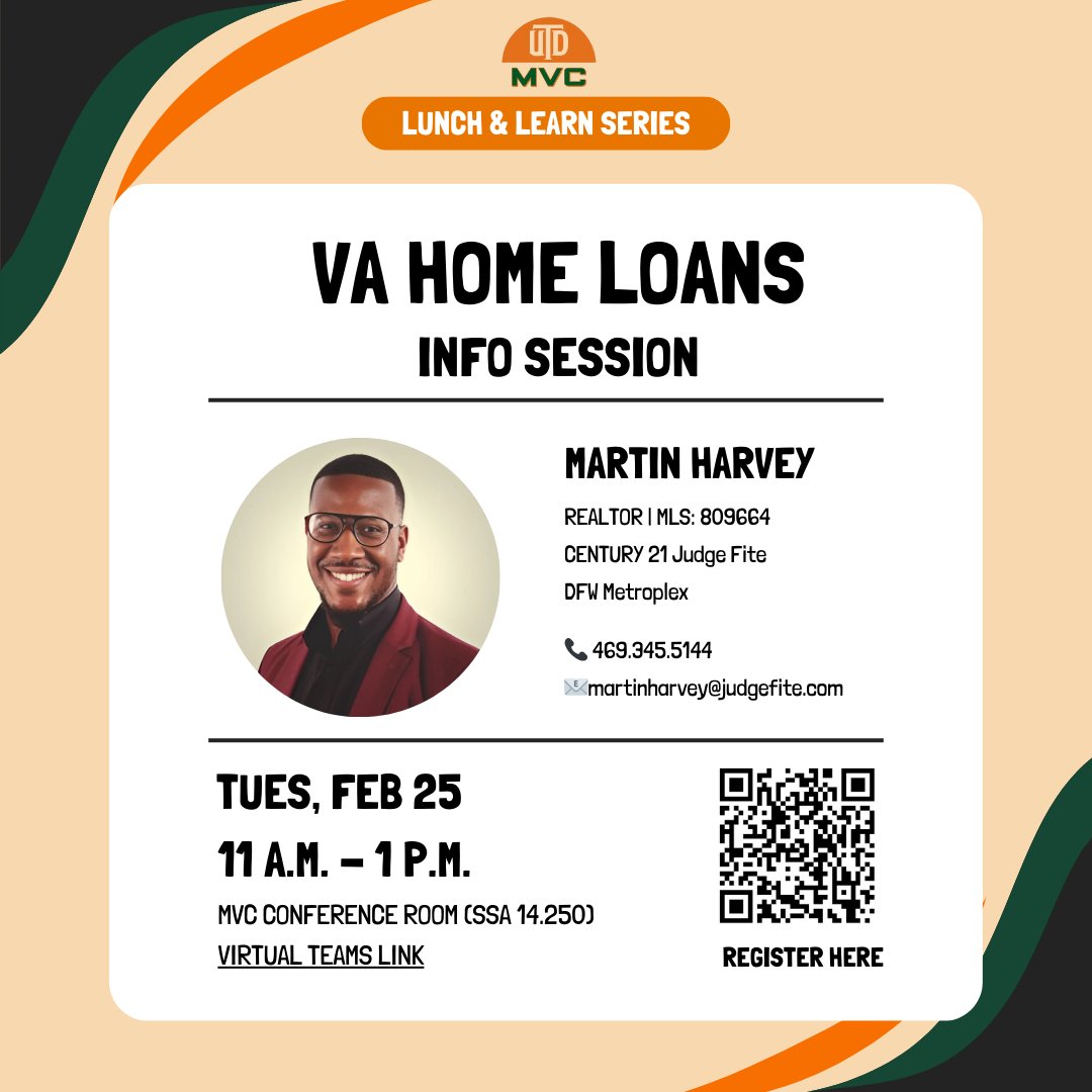 Free Lunch &amp; Learn Session on VA Home Loans &amp; Purchasing A Home! 🏠

📅 Tuesday, Feb 25 | 11 AM - 1 PM
📍 MVC Conference Room (SSA 14.250)

🔗 Register here: utdallas.qualtrics.com/jfe/form/SV_0U…

#CamoToComets #UTDallas #MilitaryCommunity
