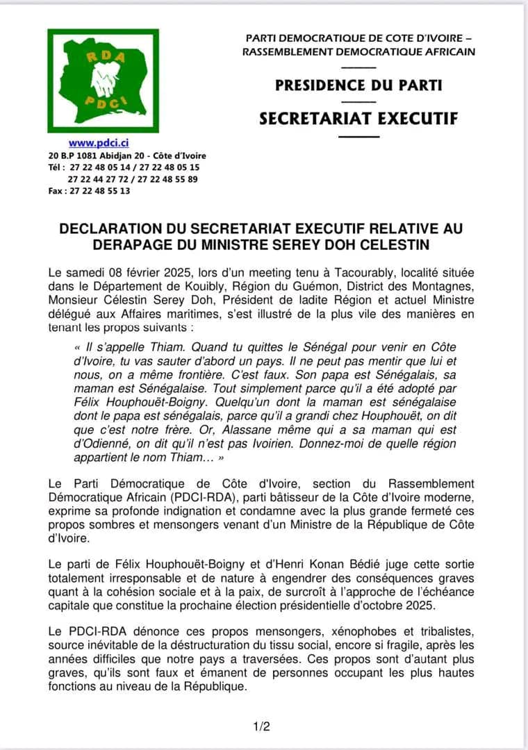 TithiPR2025's tweet photo. #Declaration du #secretariat #executif en chef du #pdcirda relatif au dérapage du ministre délégué @SereyDoh.
#tithipresident2025 https://t.co/6KhIrf7exh